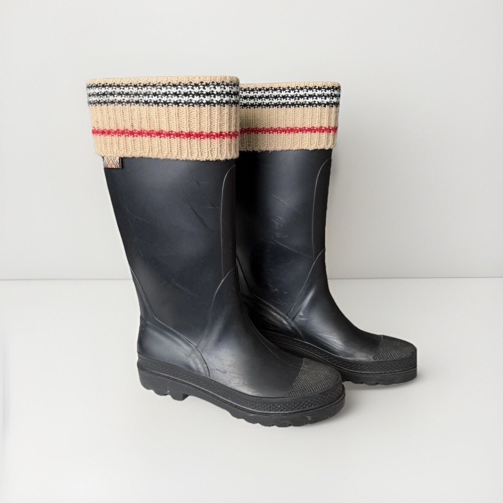 Burberry Rain Boots Nova Check Lined Knit Cuff Black Rubber Size 36 US 6